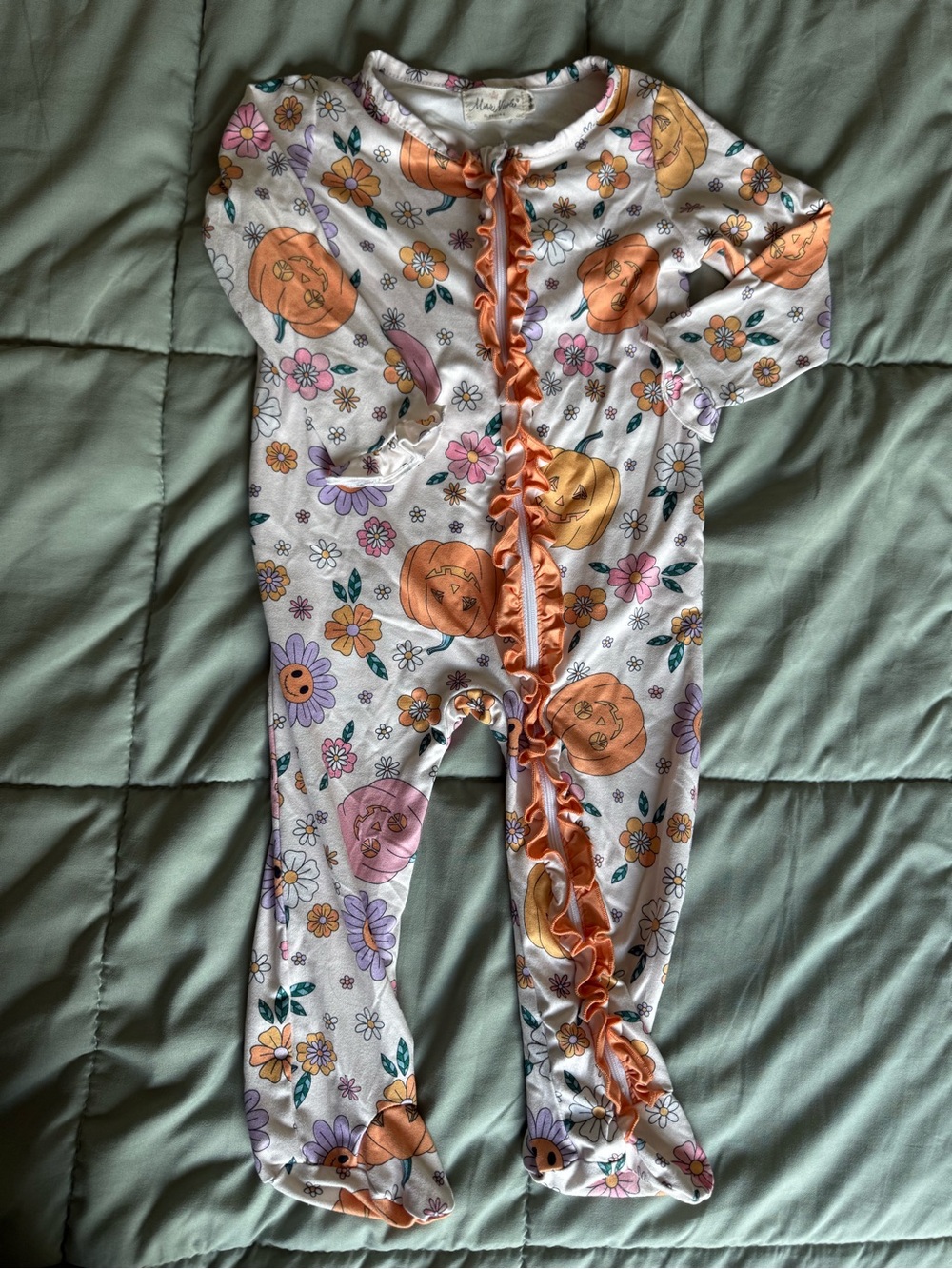 Girls' Floral Pumpkin Ruffle Footed Pajama One-Piece - White & Orange